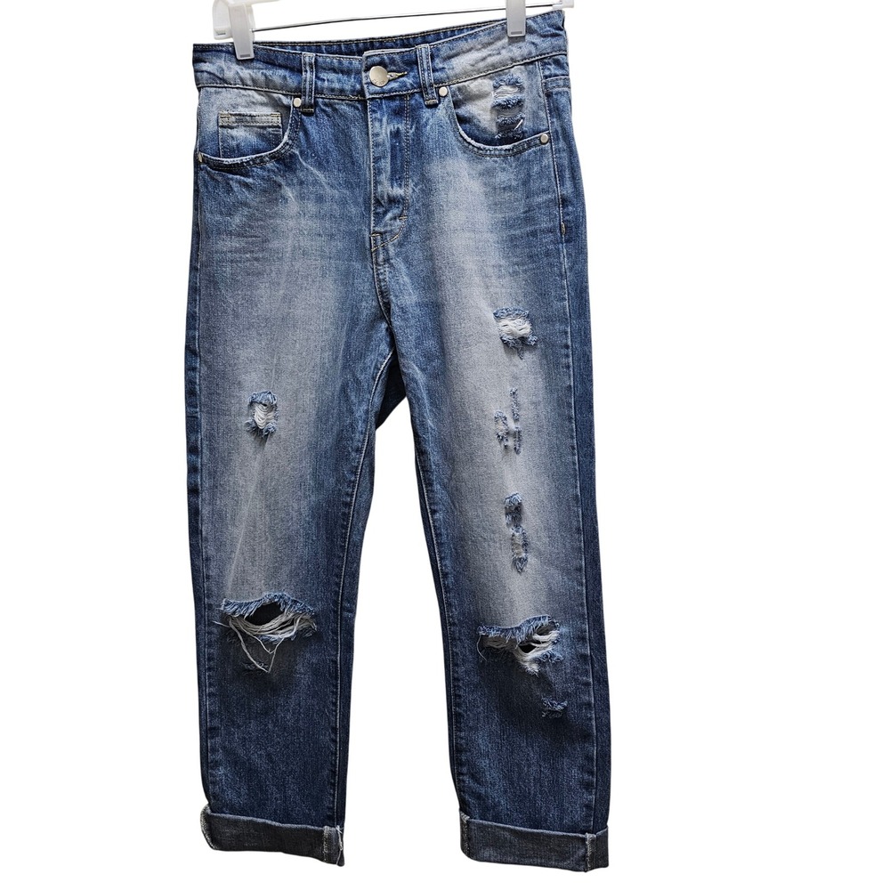 Elan Distressed Boyfriend Jeans Medium Wash Ripped Cotton Denim Size S